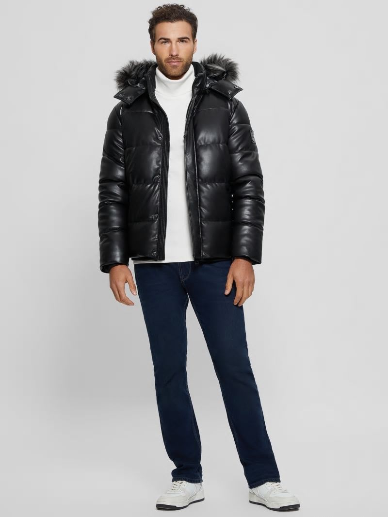 Guess Faux-Leather Hooded Puffer Jacket - Black Guess Faux-Leather Hooded Puffer Jacket - Black