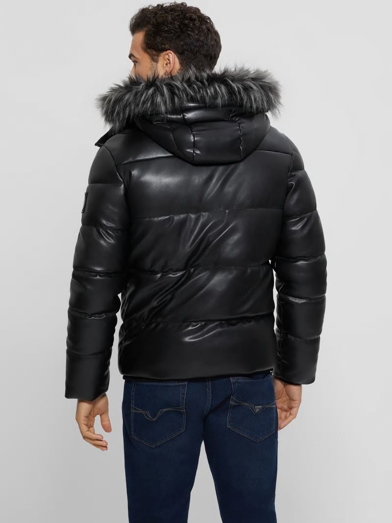Guess Faux-Leather Hooded Puffer Jacket - Black Guess Faux-Leather Hooded Puffer Jacket - Black