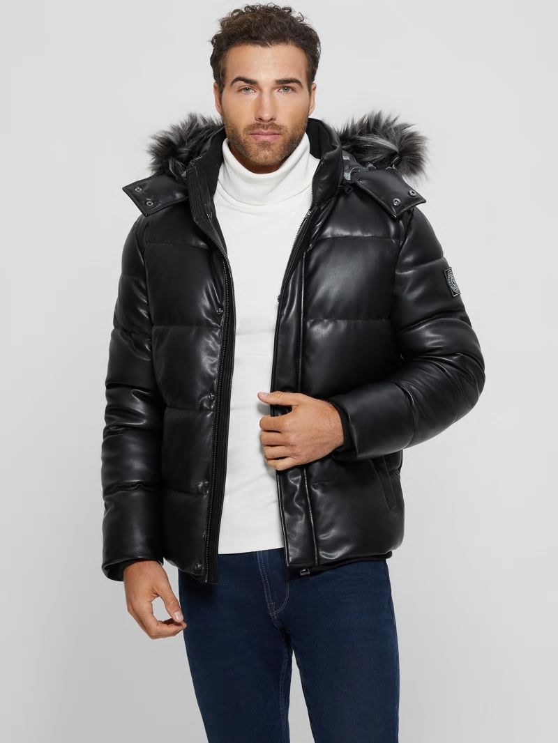 Guess Faux-Leather Hooded Puffer Jacket - Black Guess Faux-Leather Hooded Puffer Jacket - Black