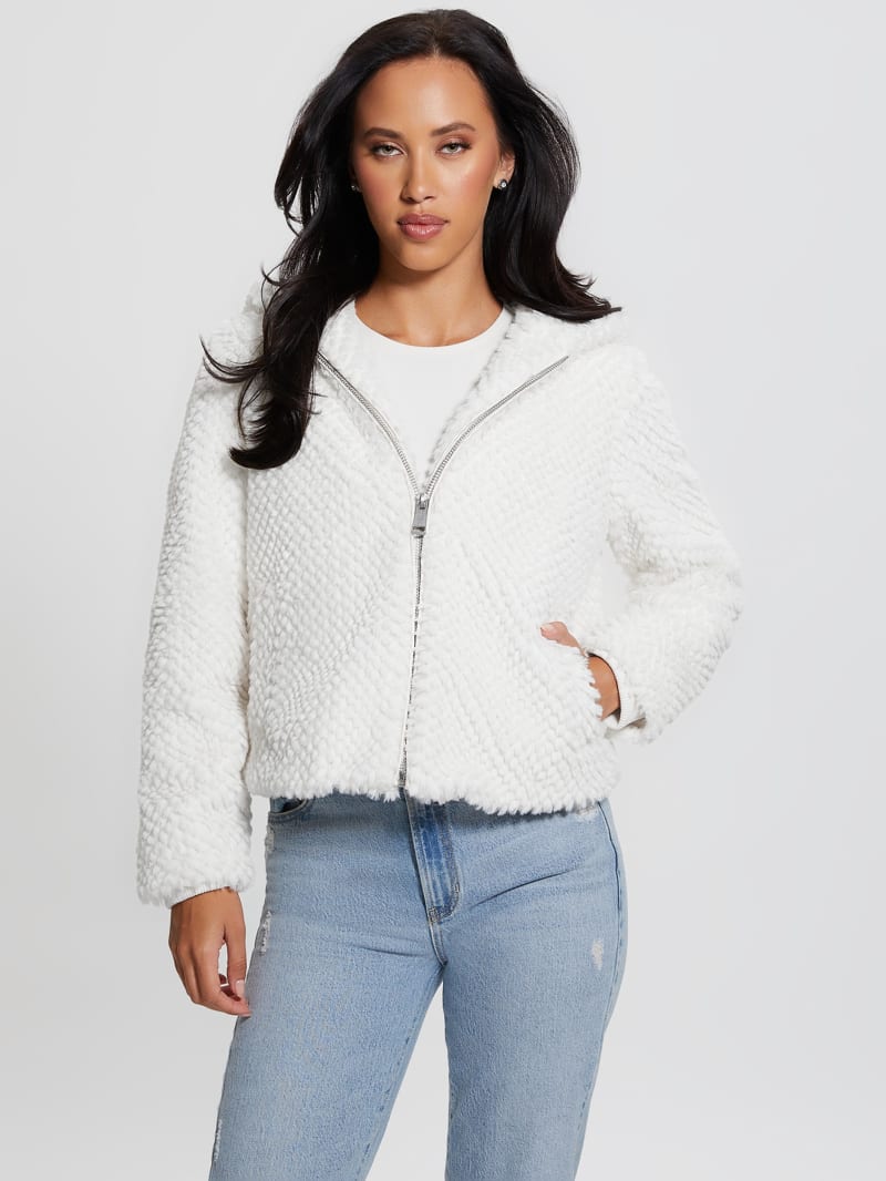 Guess Theoline Faux-Fur Hooded Jacket - Cream White Guess Theoline Faux-Fur Hooded Jacket - Cream White