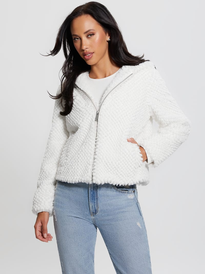 Guess Theoline Faux-Fur Hooded Jacket - Cream White Guess Theoline Faux-Fur Hooded Jacket - Cream White