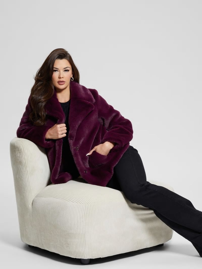 Guess Corinne Faux-Fur Coat - Black Cherry Guess Corinne Faux-Fur Coat - Black Cherry
