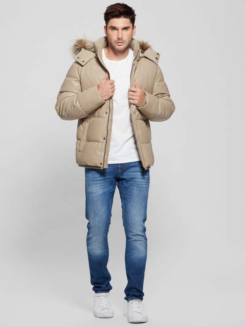 Guess Faux-Leather Hooded Puffer Jacket - Pasadena Stone Guess Faux-Leather Hooded Puffer Jacket - Pasadena Stone