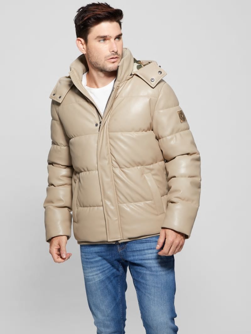 Guess Faux-Leather Hooded Puffer Jacket - Pasadena Stone Guess Faux-Leather Hooded Puffer Jacket - Pasadena Stone