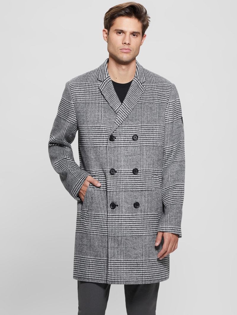 Guess Leo Glenn Wool-Blend Double-Breasted Coat - Jet Black Multi Guess Leo Glenn Wool-Blend Double-Breasted Coat - Jet Black Multi