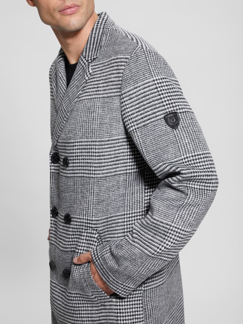 Guess Leo Glenn Wool-Blend Double-Breasted Coat - Jet Black Multi Guess Leo Glenn Wool-Blend Double-Breasted Coat - Jet Black Multi