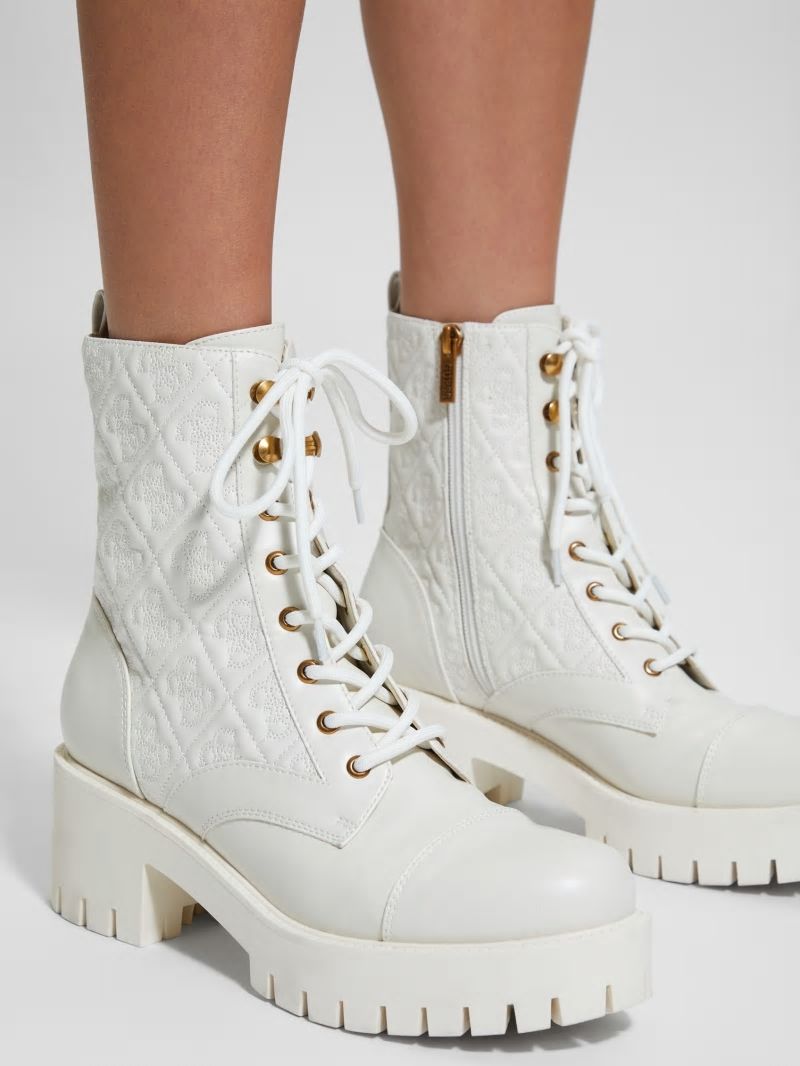 Guess Waite Embossed Lace-Up Moto Boots - Ivory 150 Guess Waite Embossed Lace-Up Moto Boots - Ivory 150