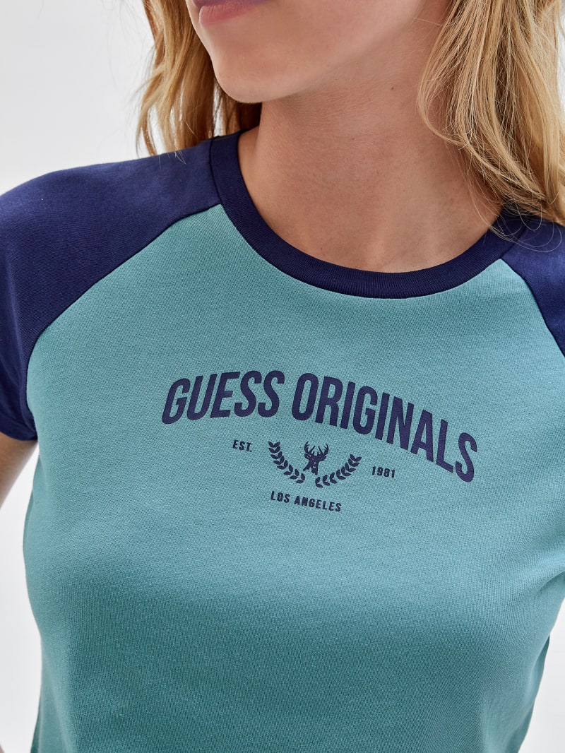 Guess GUESS Originals Raglan Crop Baby Tee - Soft Teal Multi Guess GUESS Originals Raglan Crop Baby Tee - Soft Teal Multi