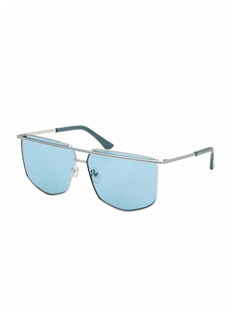 Guess Metal Brow Bar Geometric Sunglasses - Shiny Silver/Blue Guess Metal Brow Bar Geometric Sunglasses - Shiny Silver/Blue