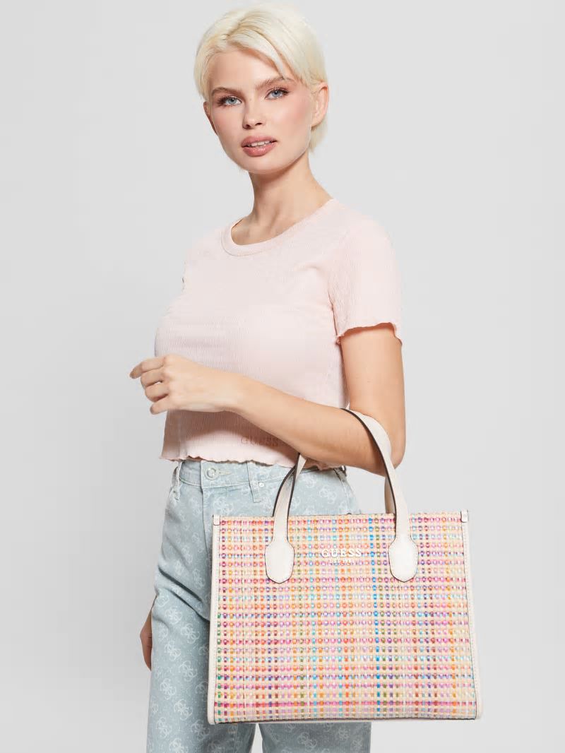 Guess Silvana Colorful Straw Tote - White Multi Guess Silvana Colorful Straw Tote - White Multi