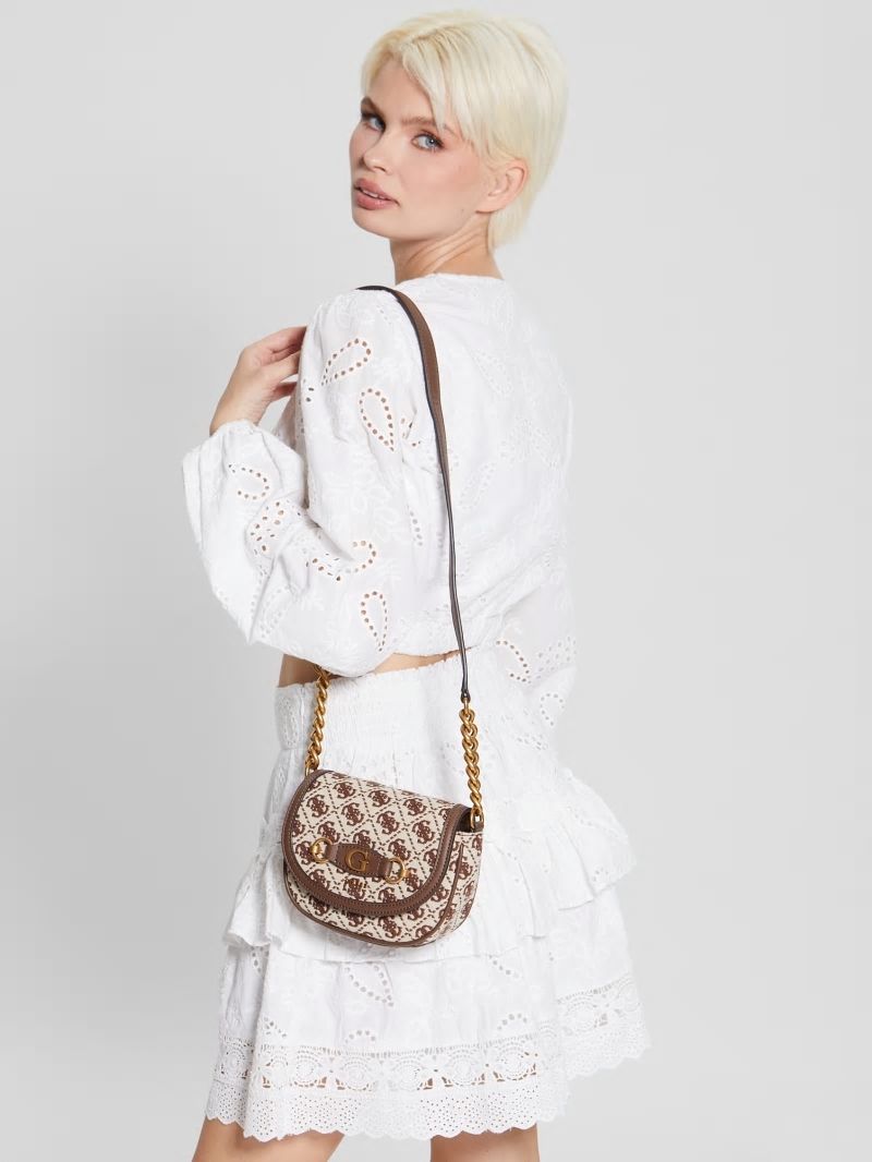 Guess Izzy Jacquard Logo Mini Crossbody - Brown Multi Guess Izzy Jacquard Logo Mini Crossbody - Brown Multi
