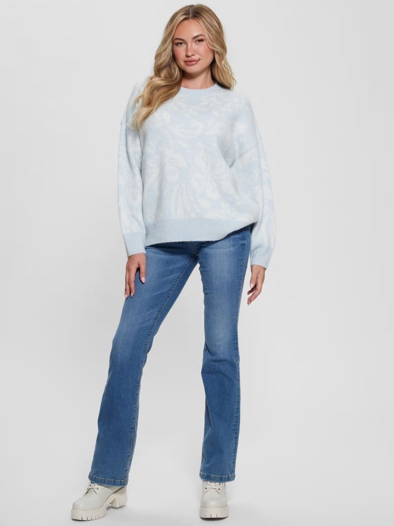 Guess Hibiscus Wool-Blend Sweater - Folk Floral Print Sky Hig Guess Hibiscus Wool-Blend Sweater - Folk Floral Print Sky Hig
