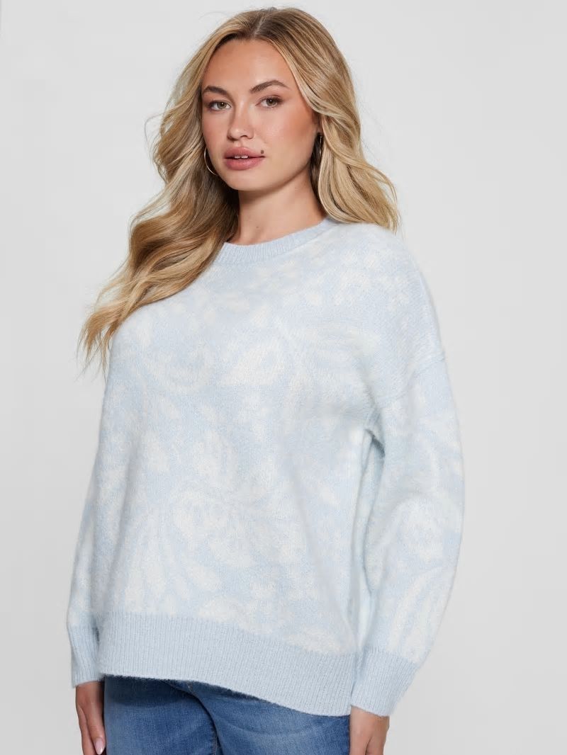 Guess Hibiscus Wool-Blend Sweater - Folk Floral Print Sky Hig Guess Hibiscus Wool-Blend Sweater - Folk Floral Print Sky Hig