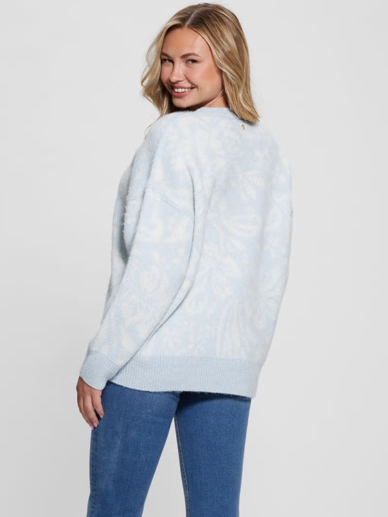 Guess Hibiscus Wool-Blend Sweater - Folk Floral Print Sky Hig Guess Hibiscus Wool-Blend Sweater - Folk Floral Print Sky Hig