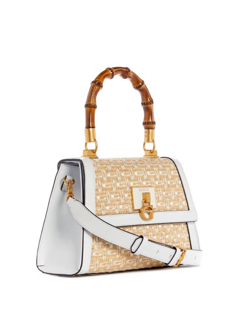 Guess Stephi Straw Logo Bamboo Fold-Over Satchel - White Multi Guess Stephi Straw Logo Bamboo Fold-Over Satchel - White Multi