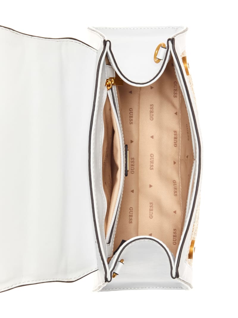 Guess Stephi Straw Logo Bamboo Fold-Over Satchel - White Multi Guess Stephi Straw Logo Bamboo Fold-Over Satchel - White Multi