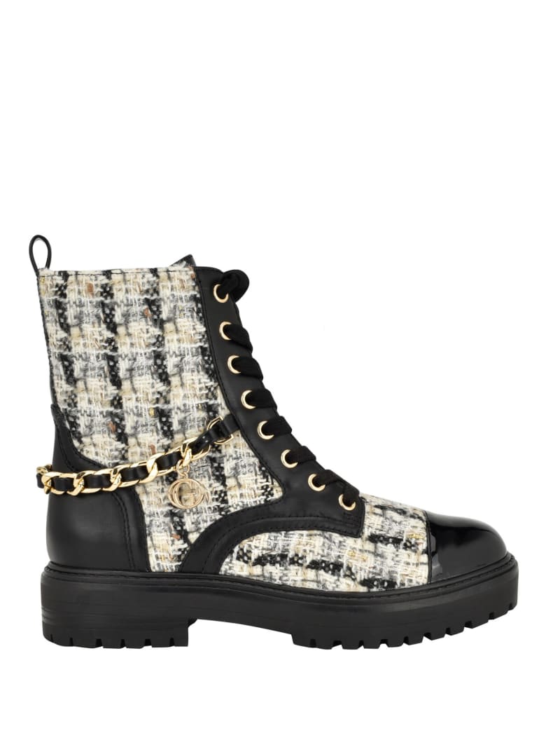 Guess Jellarda Tweed Chain Moto Boots - Black 002 Guess Jellarda Tweed Chain Moto Boots - Black 002