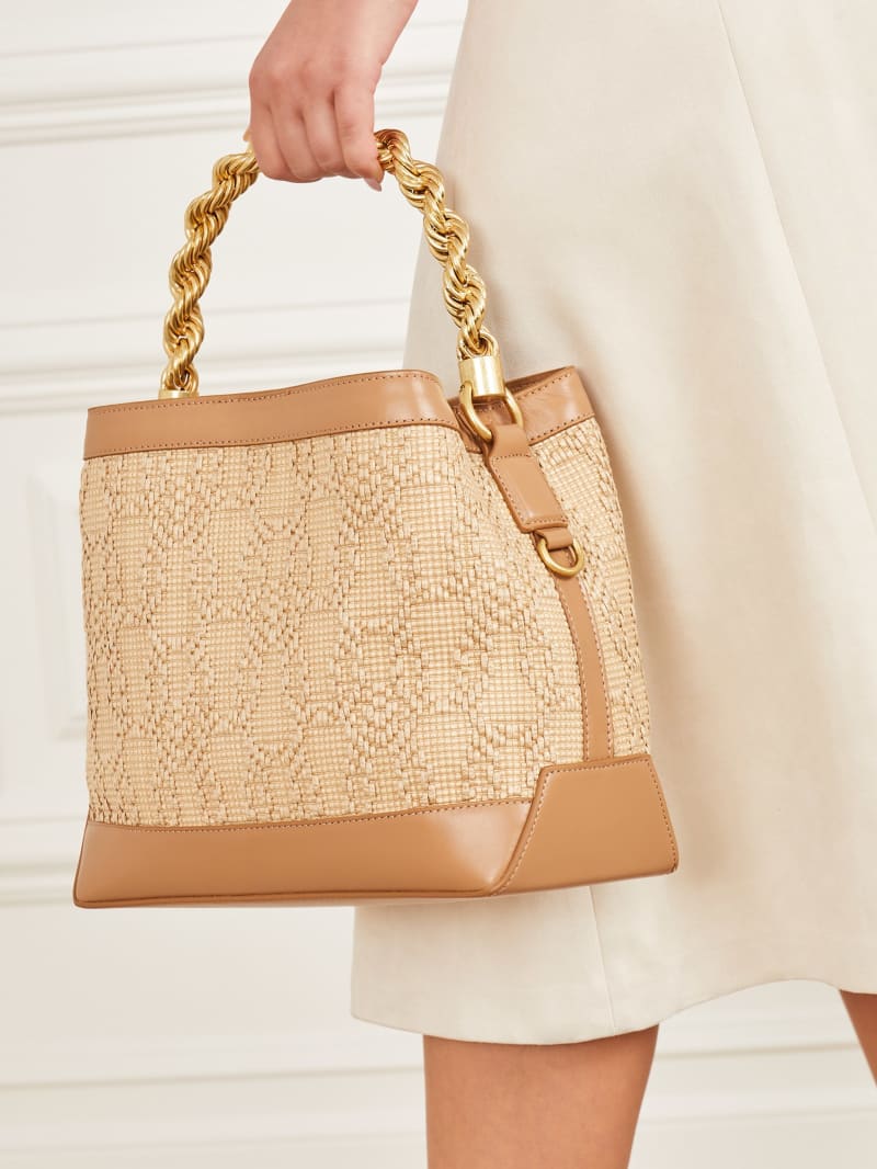 Guess Aida Straw Woven Bucket Bag - White Guess Aida Straw Woven Bucket Bag - White