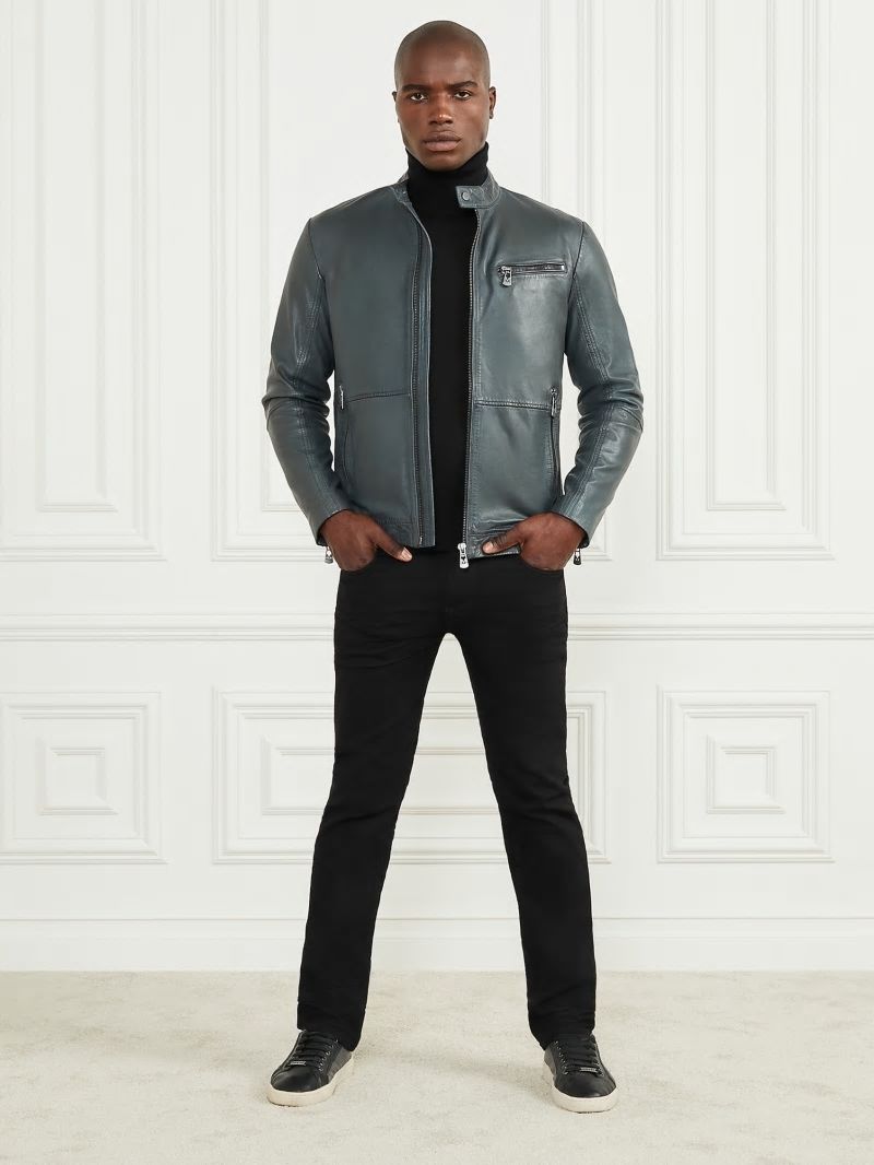 Guess Genuine Leather Biker Jacket - Black