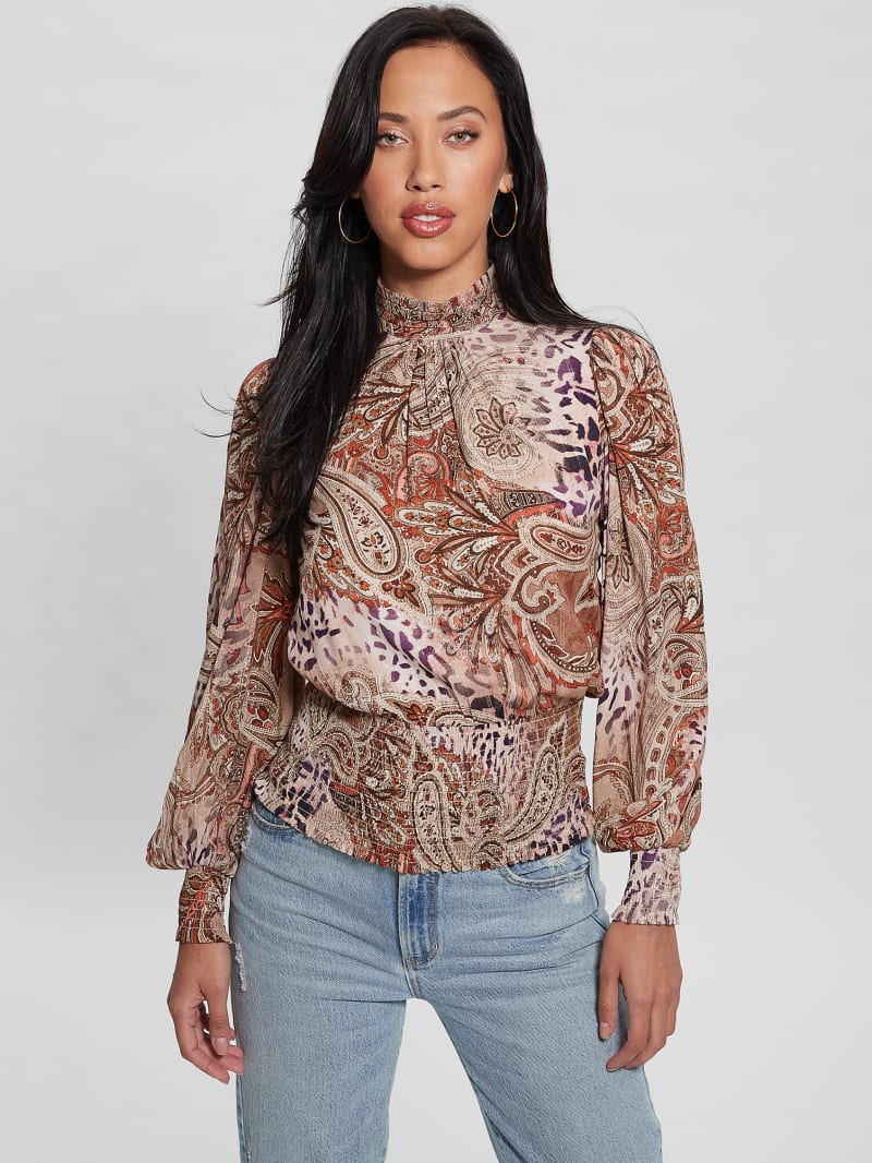 Guess Monique Printed Chiffon Top - Red Multi Pattern Guess Monique Printed Chiffon Top - Red Multi Pattern