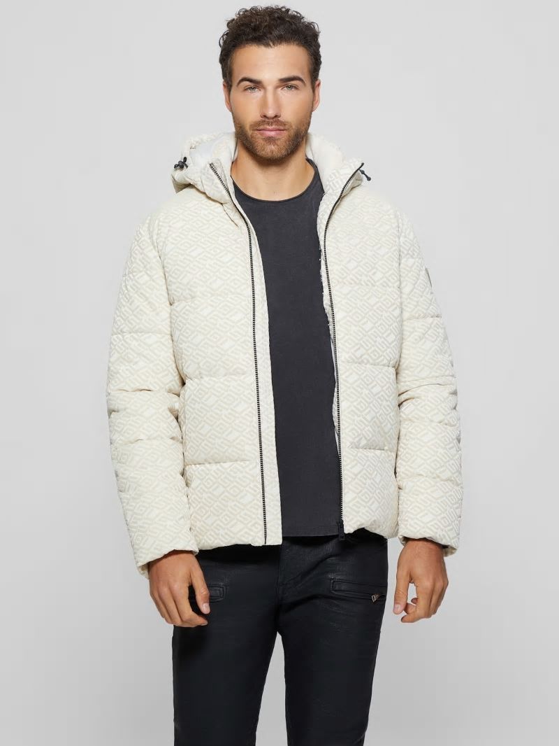 Guess Logo Hooded Puffer Jacket - Muted Stone Flock Guess Guess Logo Hooded Puffer Jacket - Muted Stone Flock Guess