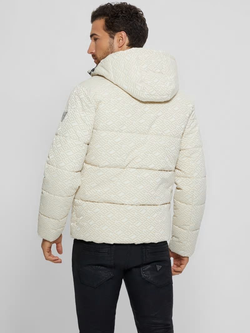 Guess Logo Hooded Puffer Jacket - Muted Stone Flock Guess Guess Logo Hooded Puffer Jacket - Muted Stone Flock Guess