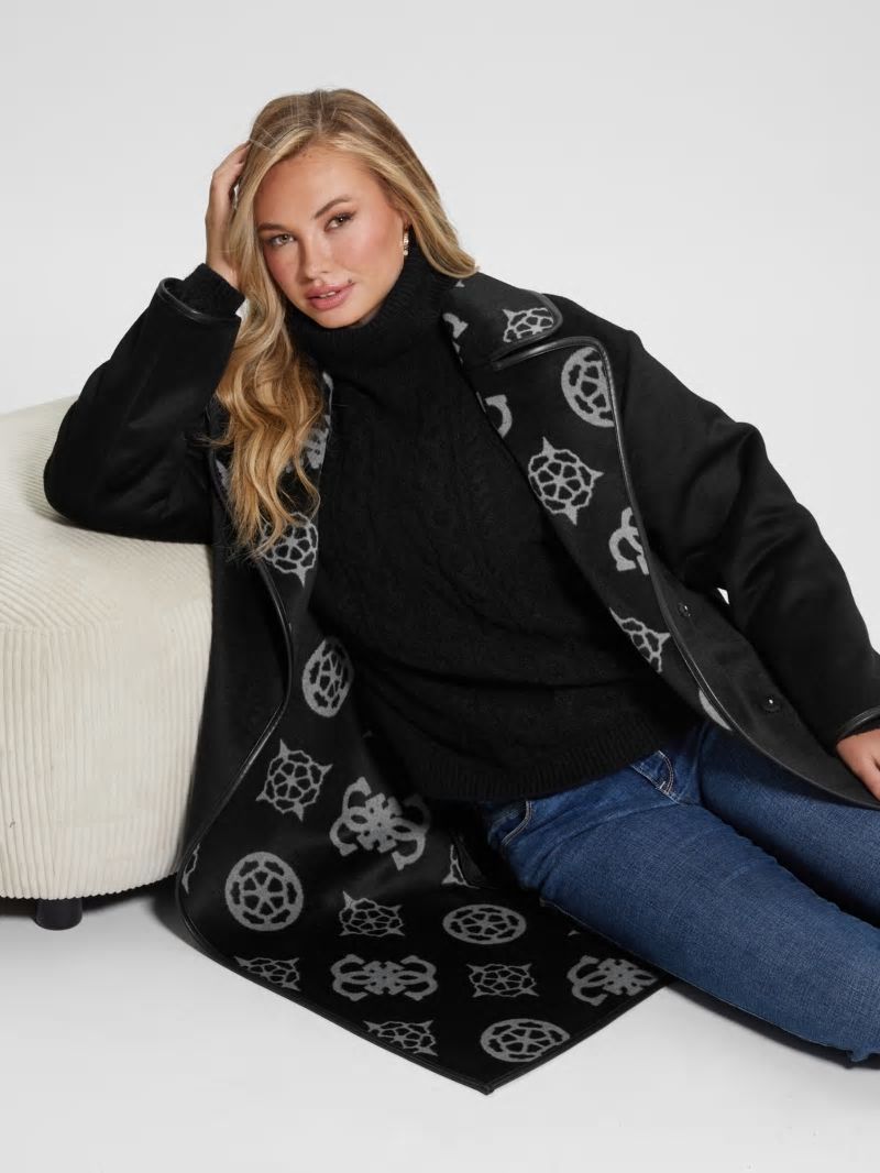 Guess Ludovica Wool-Blend Wrap Coat - Jacquard Logo Black Combo Guess Ludovica Wool-Blend Wrap Coat - Jacquard Logo Black Combo