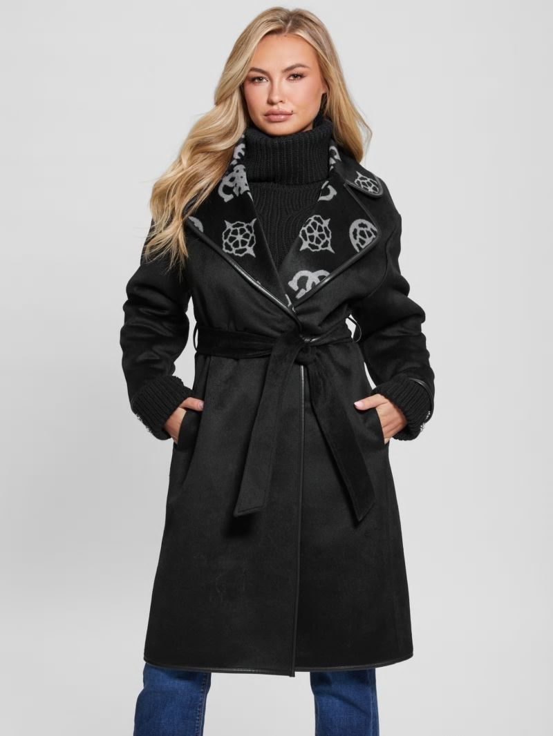 Guess Ludovica Wool-Blend Wrap Coat - Jacquard Logo Black Combo Guess Ludovica Wool-Blend Wrap Coat - Jacquard Logo Black Combo