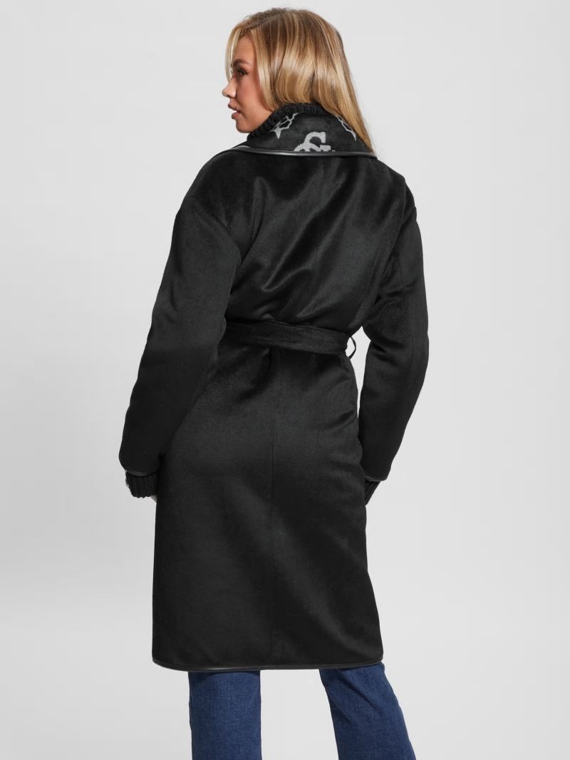 Guess Ludovica Wool-Blend Wrap Coat - Jacquard Logo Black Combo Guess Ludovica Wool-Blend Wrap Coat - Jacquard Logo Black Combo