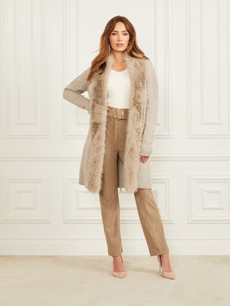 Guess Paula Faux-Fur Long Cardigan Sweater - Fawn Taupe Guess Paula Faux-Fur Long Cardigan Sweater - Fawn Taupe
