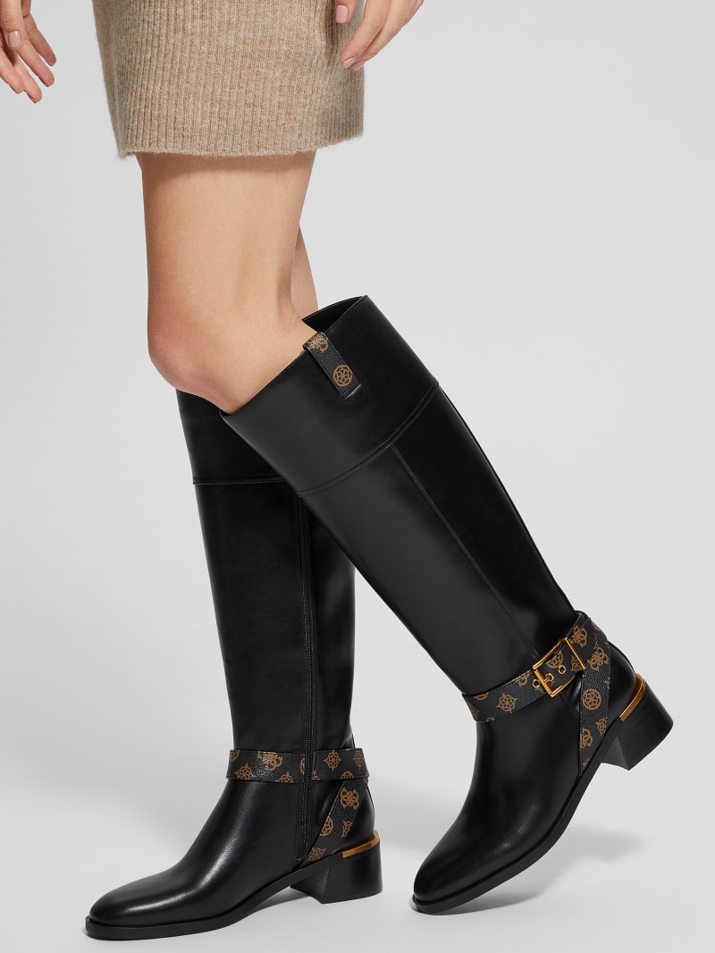 Guess Eveda Buckle Riding Boots - Black Leather Guess Eveda Buckle Riding Boots - Black Leather