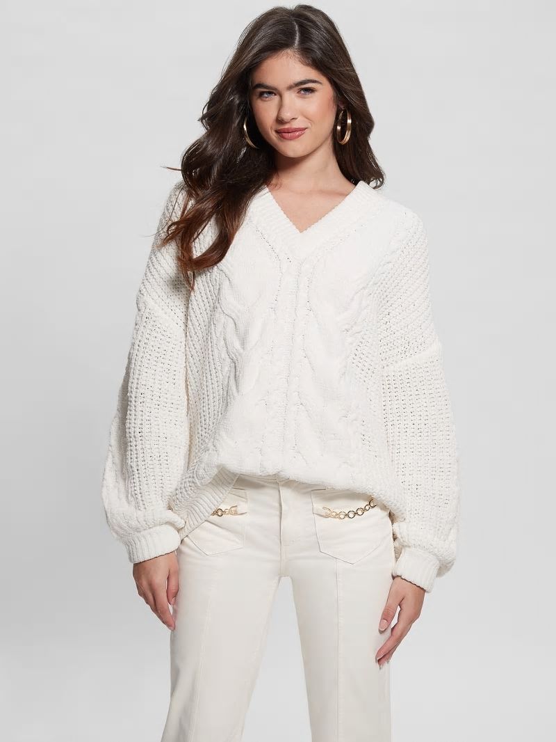 Guess Aki Chenille Cable-Knit Sweater - Dove White Multi Guess Aki Chenille Cable-Knit Sweater - Dove White Multi