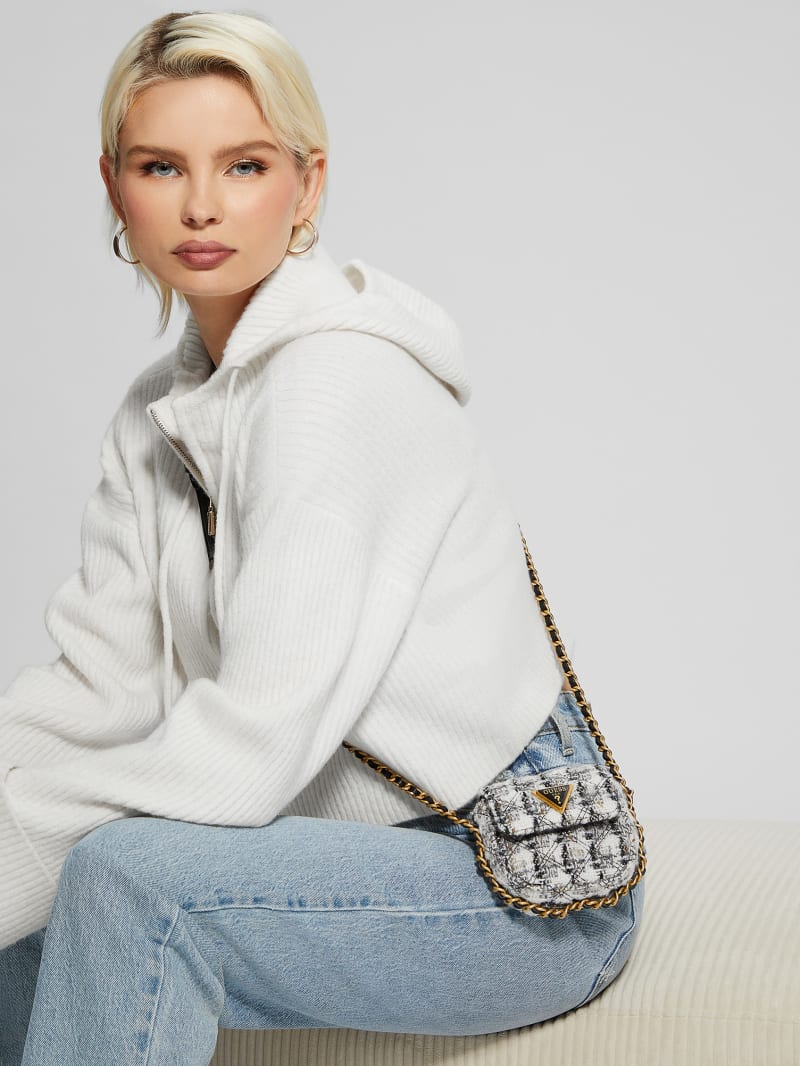 Guess Giully Tweed Micro Mini Crossbody - Black And White Guess Giully Tweed Micro Mini Crossbody - Black And White
