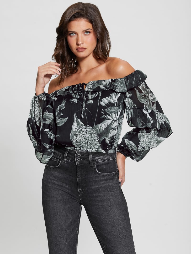 Guess Eco Shani Off-the-Shoulder Top - Phantom Flora Print Black Guess Eco Shani Off-the-Shoulder Top - Phantom Flora Print Black