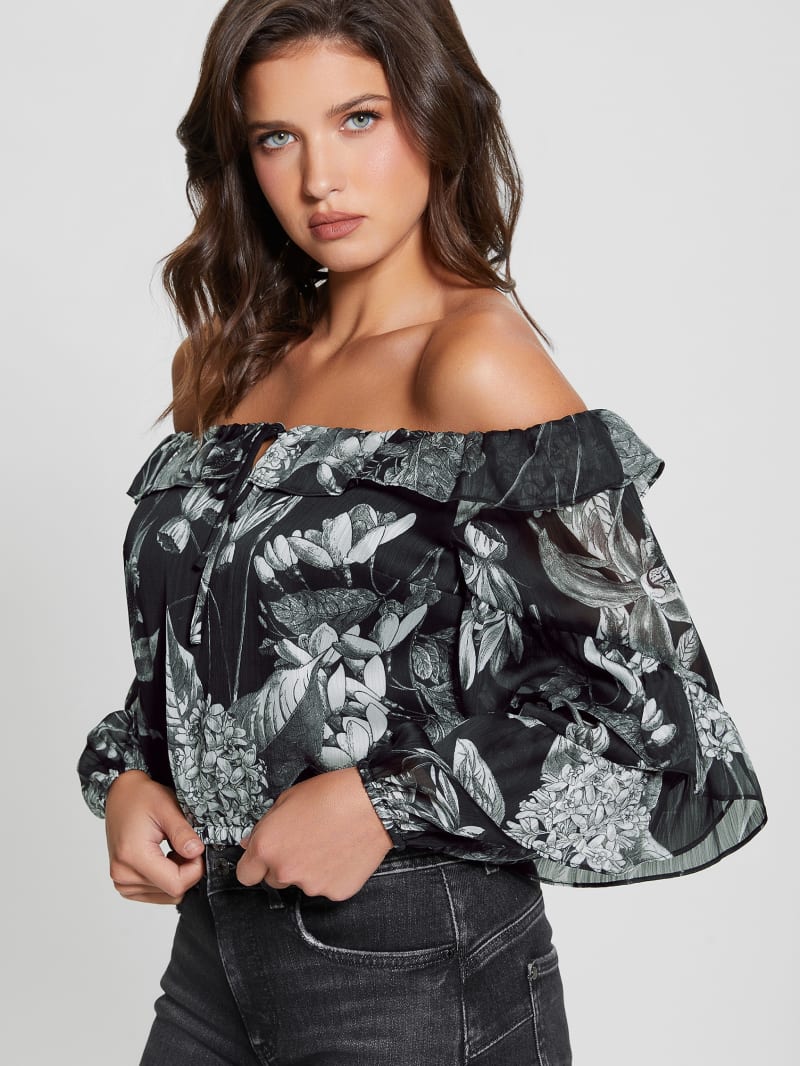 Guess Eco Shani Off-the-Shoulder Top - Phantom Flora Print Black Guess Eco Shani Off-the-Shoulder Top - Phantom Flora Print Black
