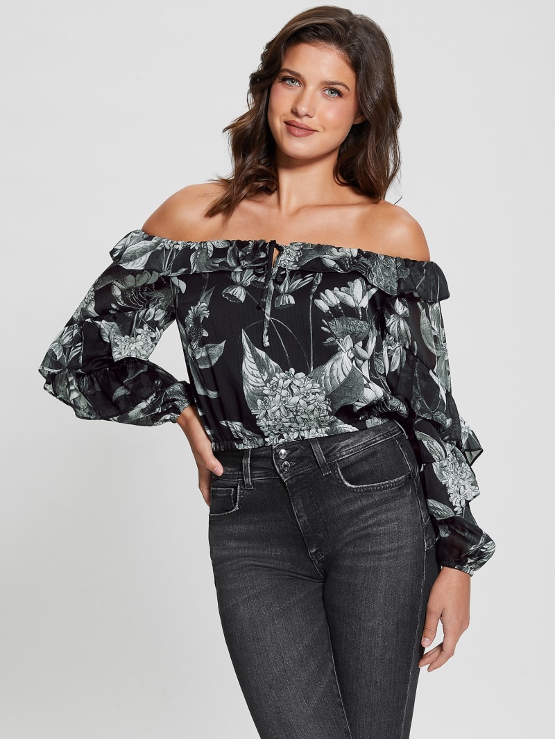 Guess Eco Shani Off-the-Shoulder Top - Phantom Flora Print Black Guess Eco Shani Off-the-Shoulder Top - Phantom Flora Print Black