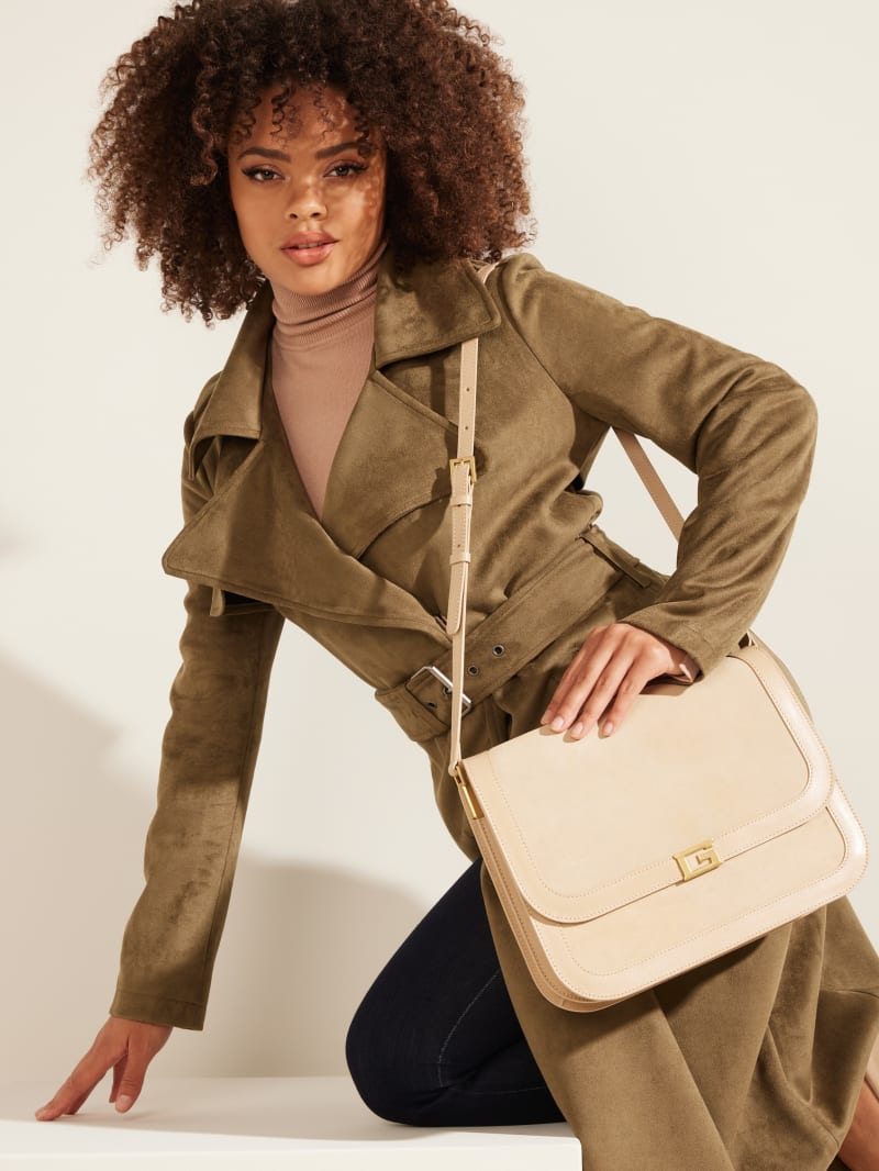 Guess Thea Medium Flap Leather Crossbody - Beige Overflow Guess Thea Medium Flap Leather Crossbody - Beige Overflow