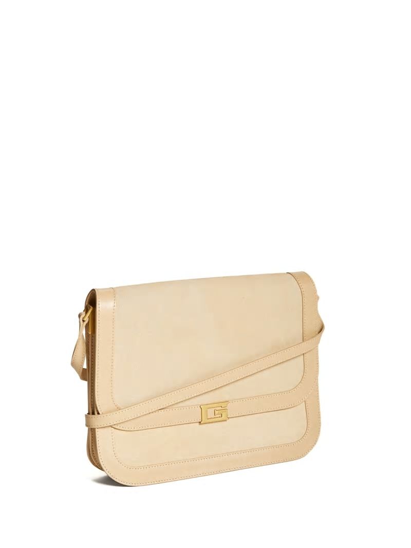 Guess Thea Medium Flap Leather Crossbody - Beige Overflow Guess Thea Medium Flap Leather Crossbody - Beige Overflow