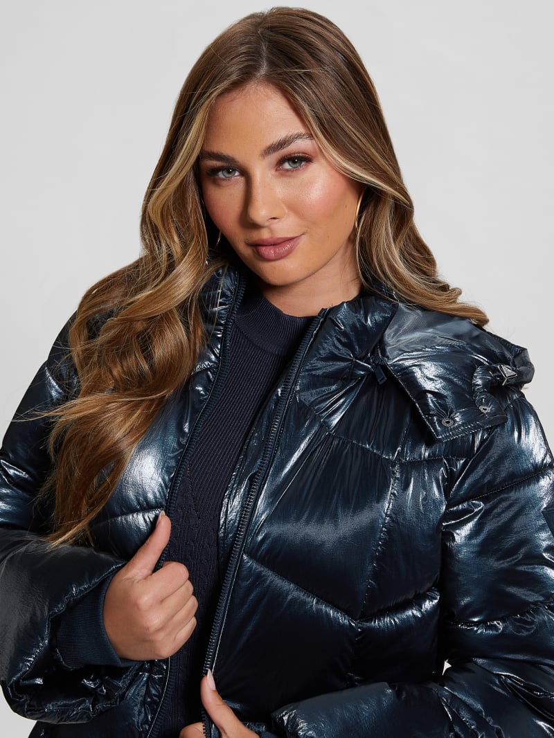 Guess Paloma Nylon Puffer Hooded Jacket - Navy Fiord Multi Guess Paloma Nylon Puffer Hooded Jacket - Navy Fiord Multi