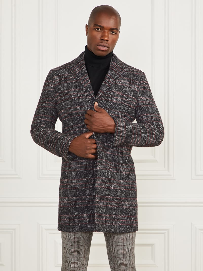 Guess Single Breasted Wool-Blend Coat - Black/White/Red Check Guess Single Breasted Wool-Blend Coat - Black/White/Red Check