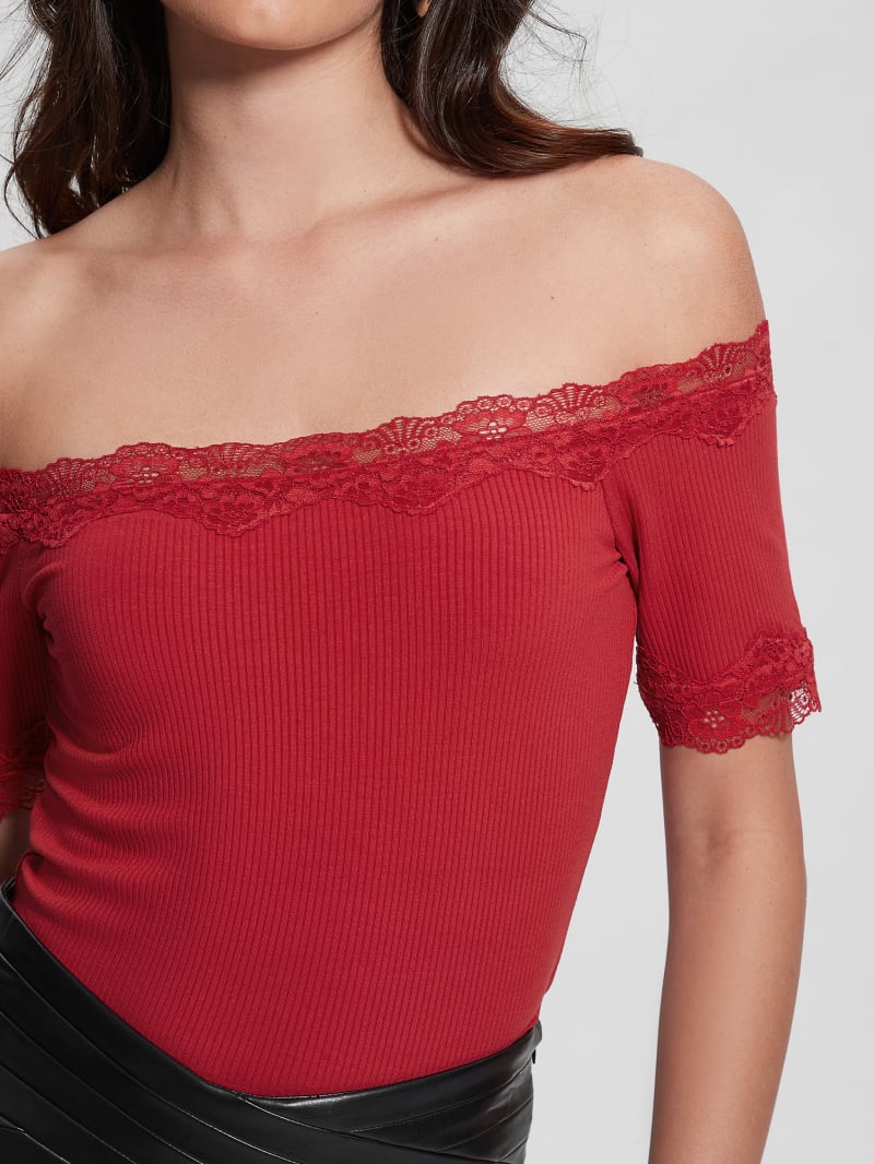 Guess Mei Lace Off-the-Shoulder Top - Chili Red Guess Mei Lace Off-the-Shoulder Top - Chili Red