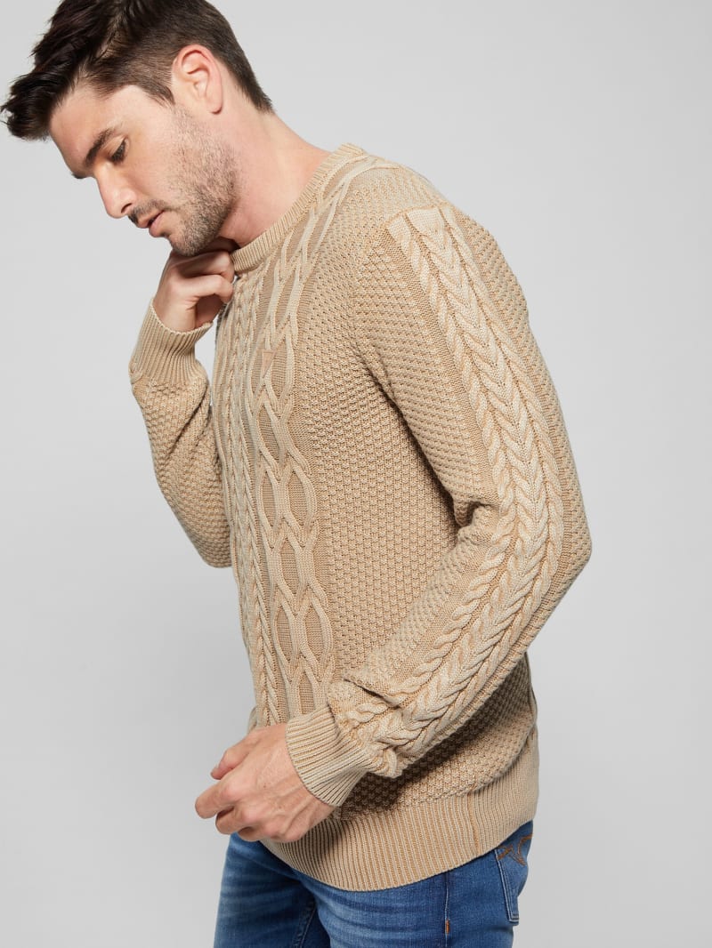 Guess Andy Cable Acid Wash Sweater - Travertine Sand Guess Andy Cable Acid Wash Sweater - Travertine Sand