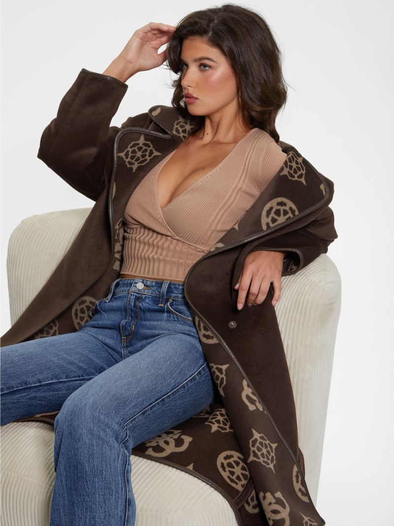 Guess Ludovica Wool-Blend Wrap Coat - Jacquard Logo Brown Combo Guess Ludovica Wool-Blend Wrap Coat - Jacquard Logo Brown Combo