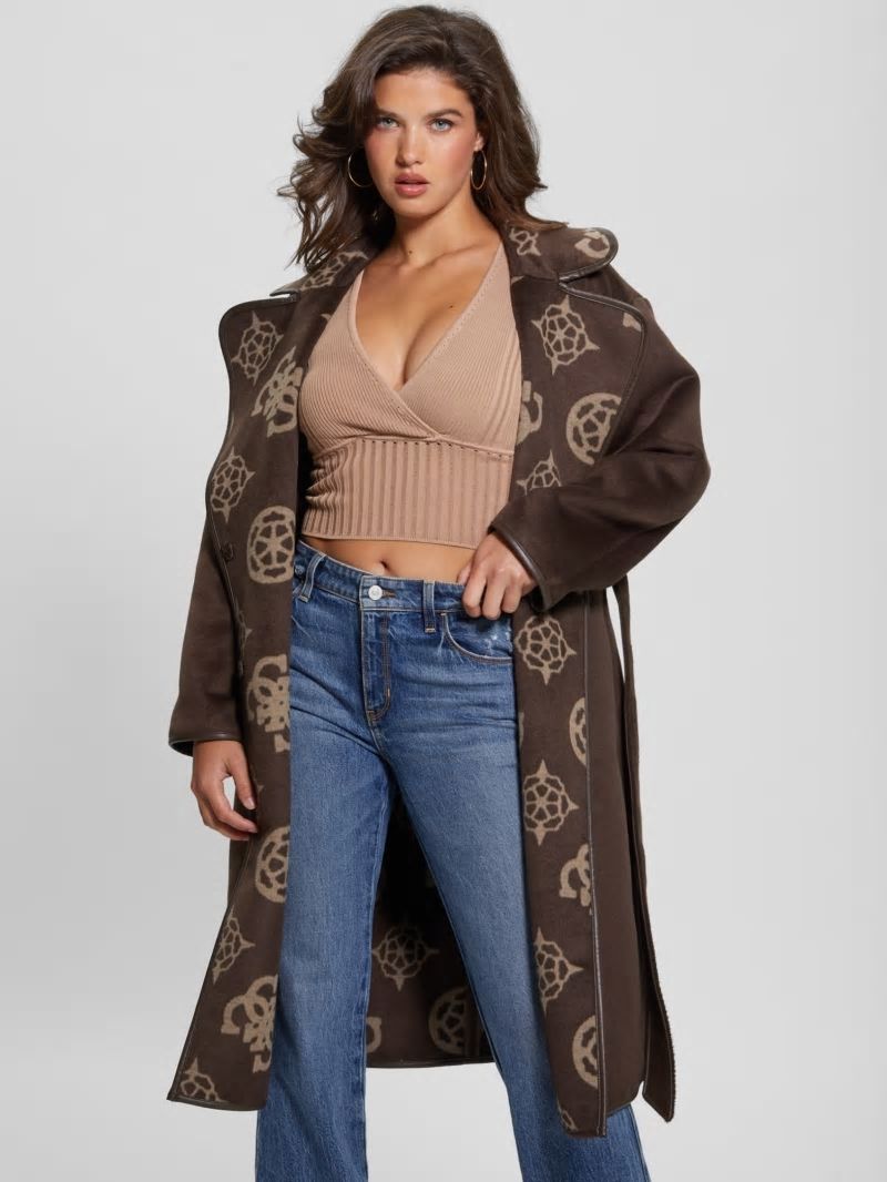Guess Ludovica Wool-Blend Wrap Coat - Jacquard Logo Brown Combo Guess Ludovica Wool-Blend Wrap Coat - Jacquard Logo Brown Combo