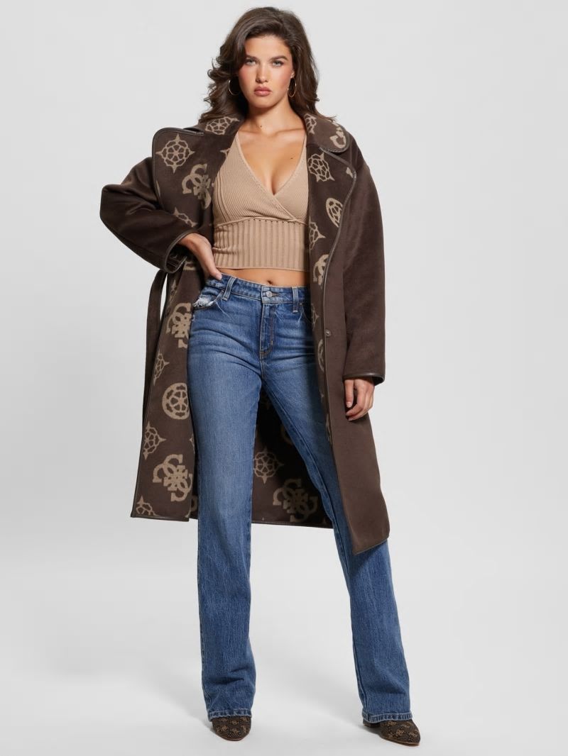 Guess Ludovica Wool-Blend Wrap Coat - Jacquard Logo Brown Combo Guess Ludovica Wool-Blend Wrap Coat - Jacquard Logo Brown Combo