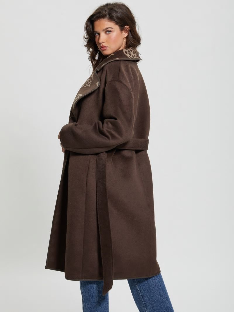 Guess Ludovica Wool-Blend Wrap Coat - Jacquard Logo Brown Combo Guess Ludovica Wool-Blend Wrap Coat - Jacquard Logo Brown Combo