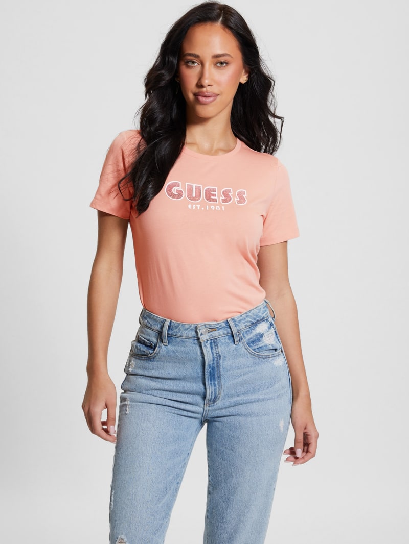Guess Eco Crewneck Rhinestone Logo Tee - Powder Rose Guess Eco Crewneck Rhinestone Logo Tee - Powder Rose
