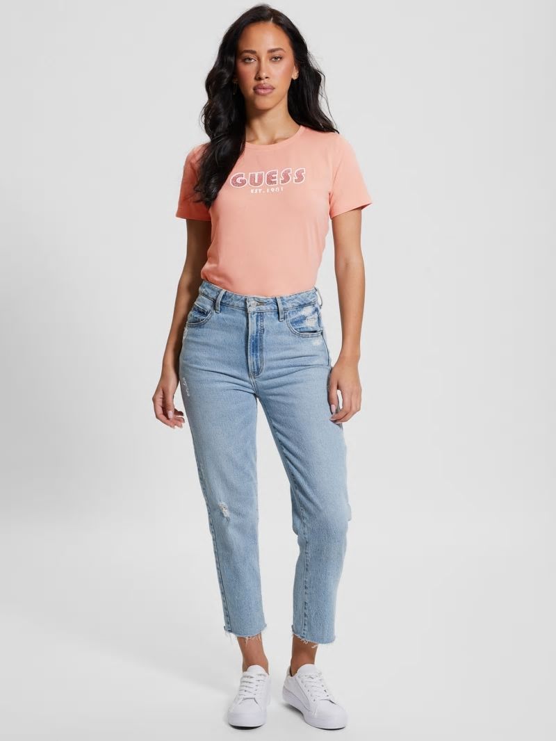 Guess Eco Crewneck Rhinestone Logo Tee - Powder Rose Guess Eco Crewneck Rhinestone Logo Tee - Powder Rose