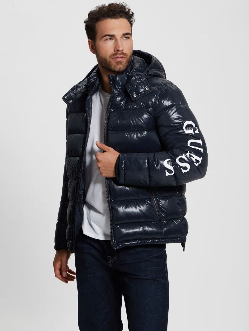 Guess Shiny Hooded Puffer Jacket - Bleu éLéGant Guess Shiny Hooded Puffer Jacket - Bleu éLéGant