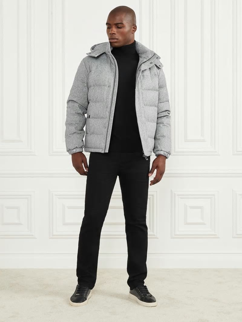 Guess Hooded Puffer Jacket - Grey Herringbone Melange Guess Hooded Puffer Jacket - Grey Herringbone Melange